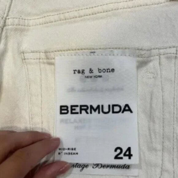 Rag & Bone Cotton Blend Denim Vintage Style Bermuda Shorts in Ecru - Picture 3 of 5
